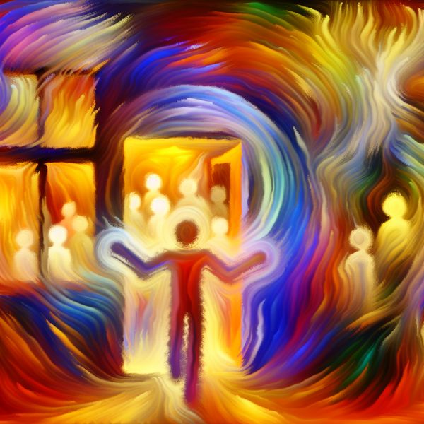 Abstract expressionistisch schilderij van een warm en uitnodigend thuis met een gastvrije figuur bij een open deur, omringd door vrolijke gezichten en dynamische kleuren
