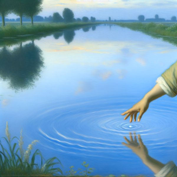 Gracieuze handbeweging boven kalm water in Vermeer-stijl Een persoon die met een gracieuze uitstraling hun hand naar het rustige water van een meer uitstrekt, waardoor er zachte rimpelingen ontstaan.