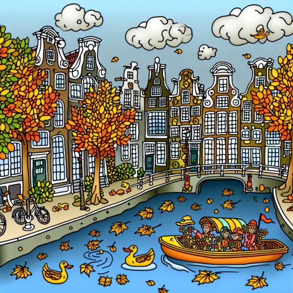 Een cartoonachtig beeld van een levendige gracht in Amsterdam met herfstkleuren, traditionele huizen en vrolijke passagiers in een boot.