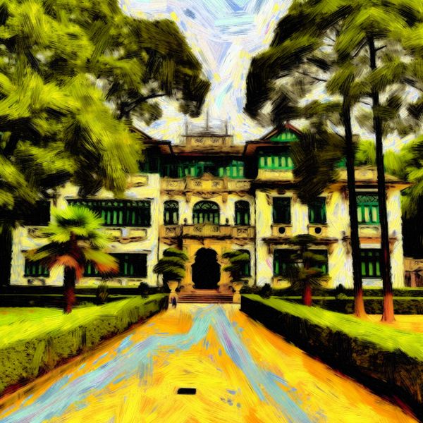 Grand Huis in Van Gogh Stijl in de Stad Groot huis aan de rand van een stad in Van Gogh-stijl