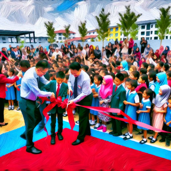 Grand Opening van Nieuwe School in Van Gogh Stijl Schilderij van een schoolopening met ballonnen en banners, in de stijl van Vincent van Gogh