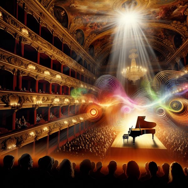 Grand Piano in Concert Hall met Dramatische Uitvoering Een grand piano in een luxueuze concertzaal met een krachtige spotlight, terwijl het publiek gefascineerd naar een dramatische uitvoering kijkt.