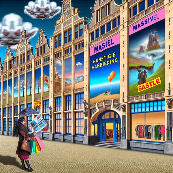 Adembenemende winkelaanbieding met reisbrochure Een hyper-realistisch beeld van een grandioze winkel met kleurrijke banners voor een aanbieding, met een klant die enthousiast naar een vakantiebrochure kijkt.