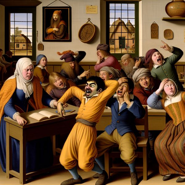 Klaslol: leerlingen maken grappen en plagen elkaar tijdens de les Levendige klas met leerlingen die elkaar luchtig plagen en grappen maken, in de stijl van Jan Steen