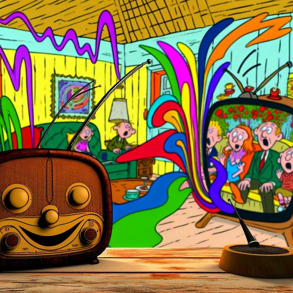 Grappige Cartoonradio en Televisie met Antennes Een grappige cartoonradio met een grote antenne op een houten tafel met een vrolijke televisie ernaast, beide ontvangen ze geluidsgolven.