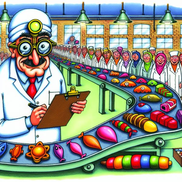 Cartoon van een controle-inspecteur met grote brillen en een labjas die kleurige producten op een lopende band onderzoekt, met een vergrootglas en vrolijke fabriek op de achtergrond.