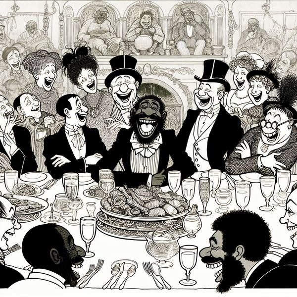 Een cartoonachtige scène met een karakter dat gasten vermaakt aan een dinertafel terwijl ze lachen om grappige grappen.