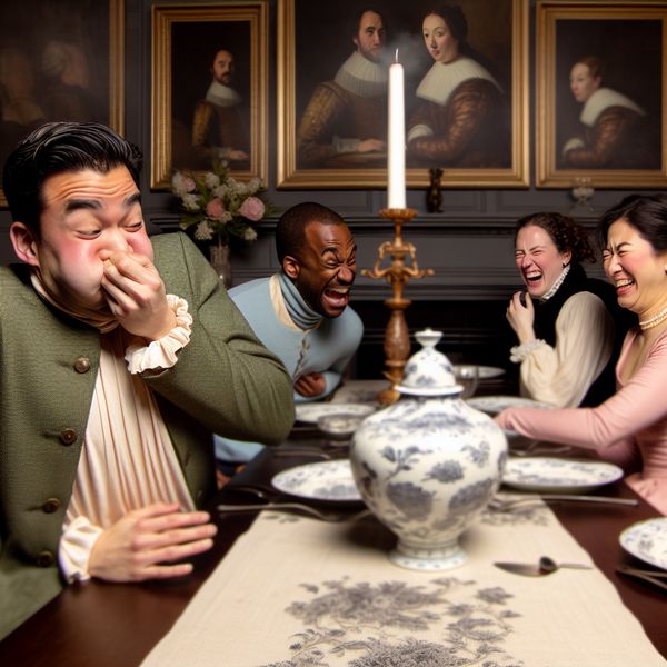 Groep vrienden lacht aan een elegant gedekte tafel na een komische flatulentie.