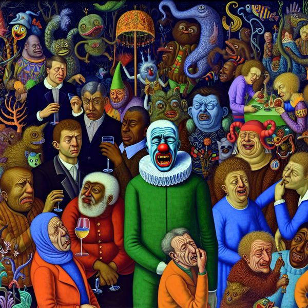 Grappige Grimassen op een Surrealistisch Feest Een clown met een humoristische, overdreven gezichtsuitdrukking maakt grappige grimassen voor een groep vrienden in een surrealistisch feest. Bizarre wezens en fantasierijke elementen vullen de achtergrond.