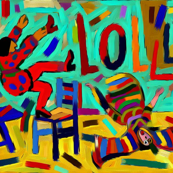 Grappige val van stoel - abstracte kunst voor taalonderwijs en humor Abstracte schildering in de stijl van Karel Appel van een persoon die hilarisch van een stoel valt, met felle kleuren en dynamische penseelstreken