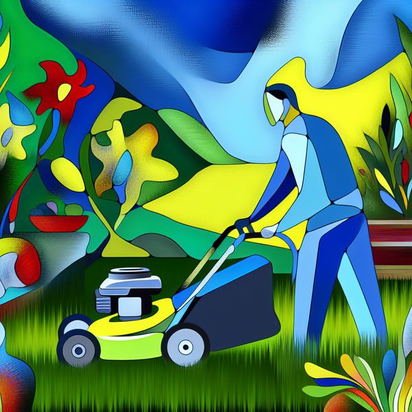 Een kleurrijke abstracte afbeelding van een persoon die gras maait in een weelderige tuin in de zomer.
