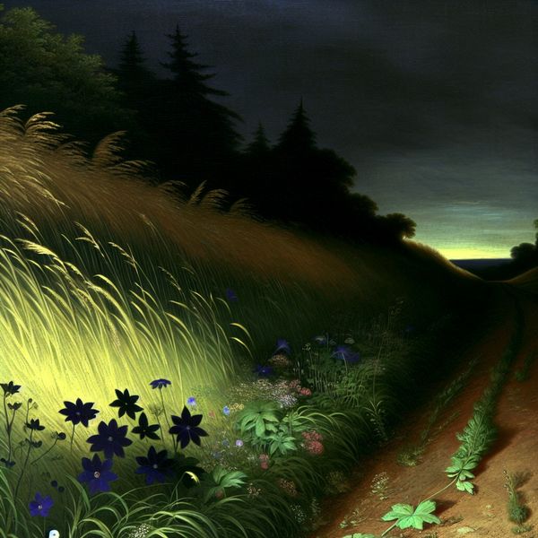Donker symbolisch landschap geïnspireerd op Félicien Rops met een smalle grasberm (boord) langs een landweg, waar kinderen spelen tussen wilde bloemen en hoge grassen in een mysterieuze sfeer
