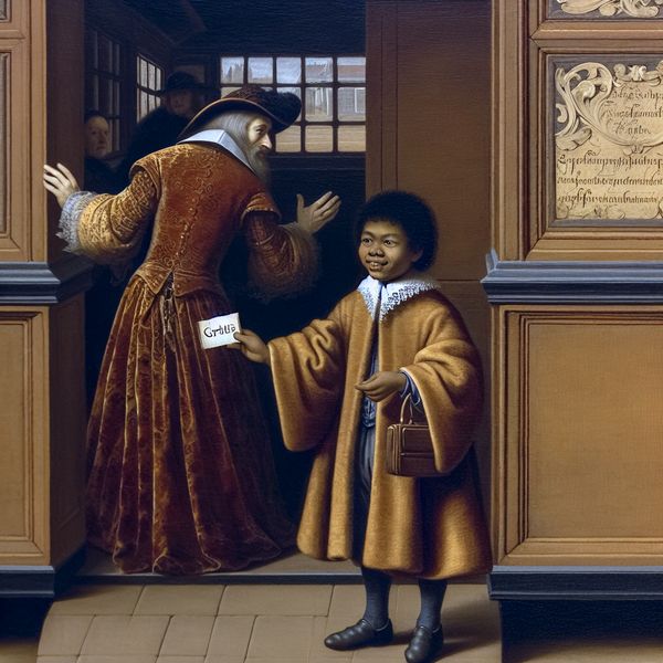 Gratis treinkaartje voor kinderen: historische scène met betekenis van 'voor niks' 17e-eeuws Hollands interieur met een kind dat trots een gratis treinkaartje vasthoudt met 'GRATIS', terwijl een volwassene naar een open treindeur wijst