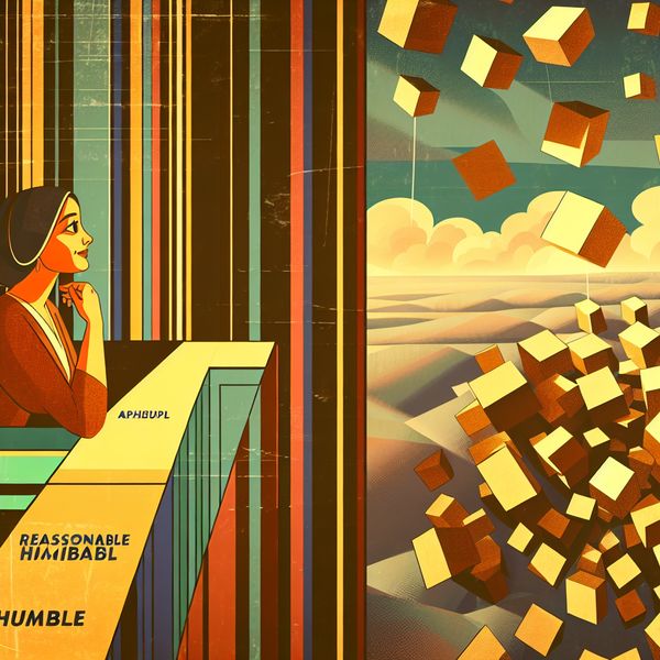 Retro-futuristische illustratie van een persoon die nadenkt over de grenzen van menselijke mogelijkheden, met een georganiseerde en chaotische taakverdeling als symboliek