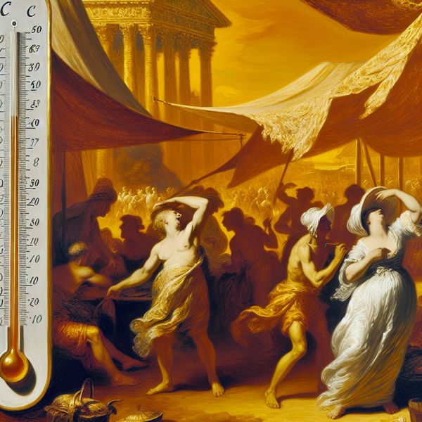 Barokke markt in extreme hitte: grens van 30 graden overschreden Barokke marktscène met oververhitte mensen bij temperaturen boven 30 graden, symboliserend het overschrijden van een grens of drempel