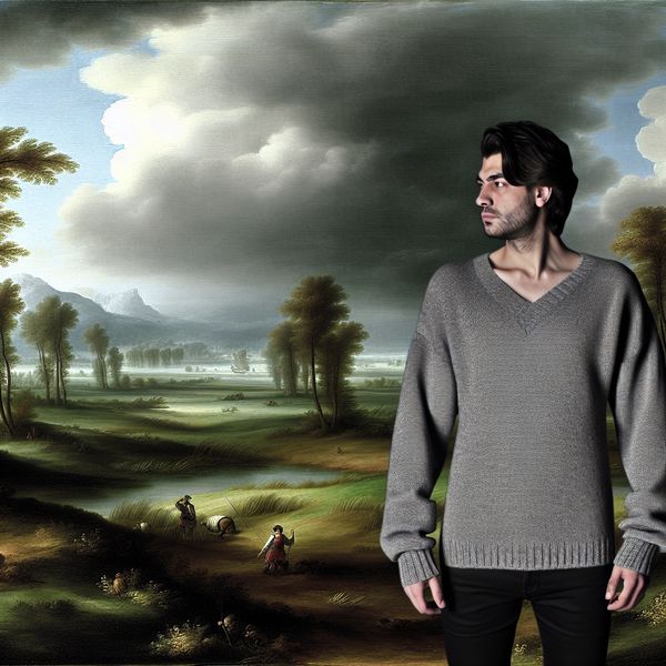 Kleur grijs in kleding en natuur: serene landschapsscène met grijs trui detail Persoon in een elegant grijs trui staand in een weids, mistig landschap met dramatische lucht, kleur grijs benadrukt in natuurlijke omgeving