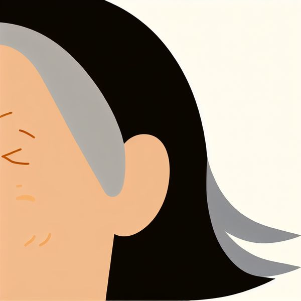 Minimalistische illustratie van een ouder persoon met donker wordend haar, grijs aan de punten, in de stijl van Dick Bruna