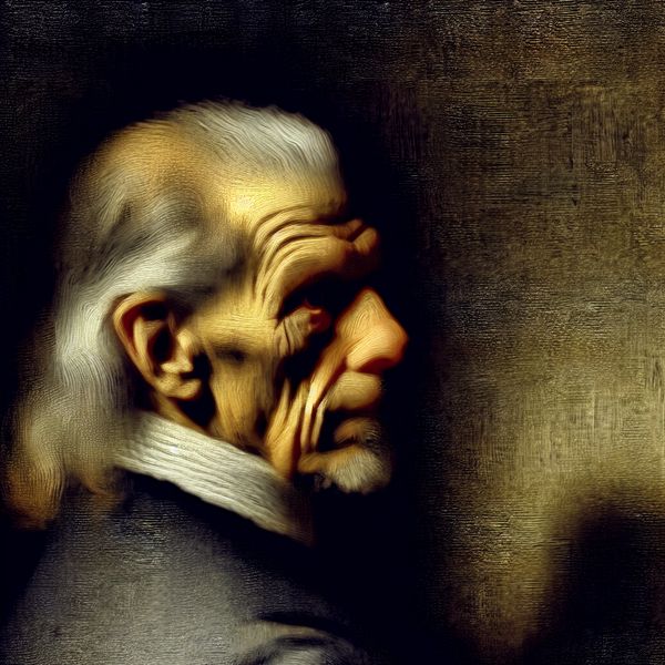 Grijzend haar en wijsheid: portret van ouder worden in Rembrandt-stijl Portret van een oudere persoon met grijzend haar, geschilderd in de stijl van Rembrandt met dramatisch clair-obscur