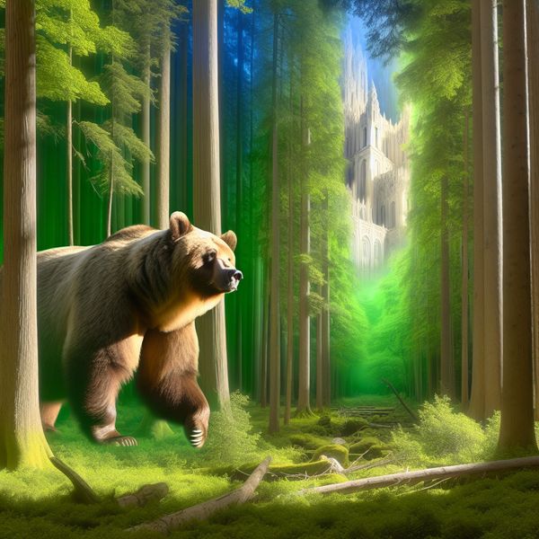 Een grote, hyper-realistische grizzlybeer wandelt gracieus door een weelderig, dicht bos met zonlicht dat door de boomkruinen filtreert.