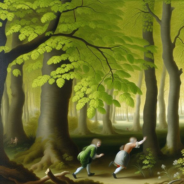 Groei en ontwikkeling in de natuur: Voorjaarscène met kinderen Een serene voorjaarscène met een weelderig bos en jonge bomen met heldergroene bladeren, met spelende kinderen op de voorgrond.
