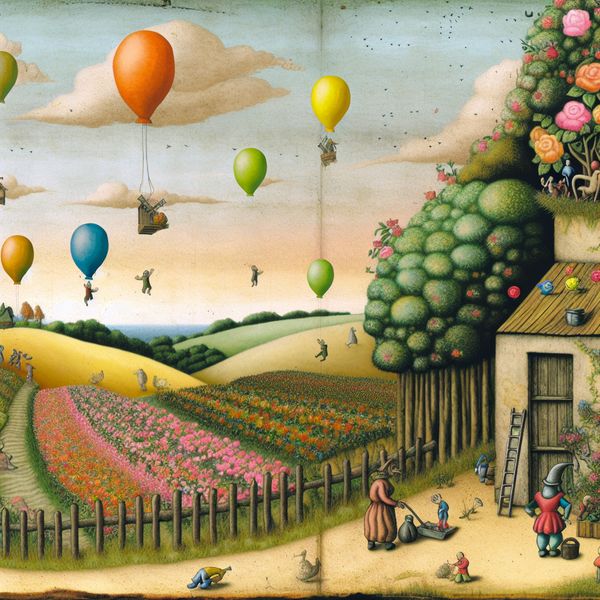 GroeiFase Bedrijf in Betoverend Landschap Een charmant bedrijfsgebouw met het bord 'GroeiFase', omgeven door bloeiende bloemen, vrolijke mensen die bomen planten, en kleurrijke ballonnen in een dromerige landschap.