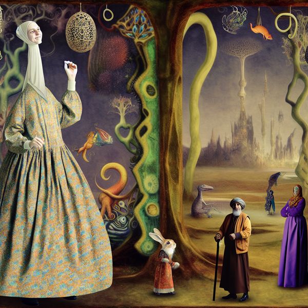 Symbool van Groei: Meisje in Oversized Jurk en Fantastische Wezens Een jonge vrouw in een groot, overmatig kledingstuk staat in een surrealistisch landschap, omgeven door bizarre wezens die haar transformatie van kind naar volwassene gadeslaan.