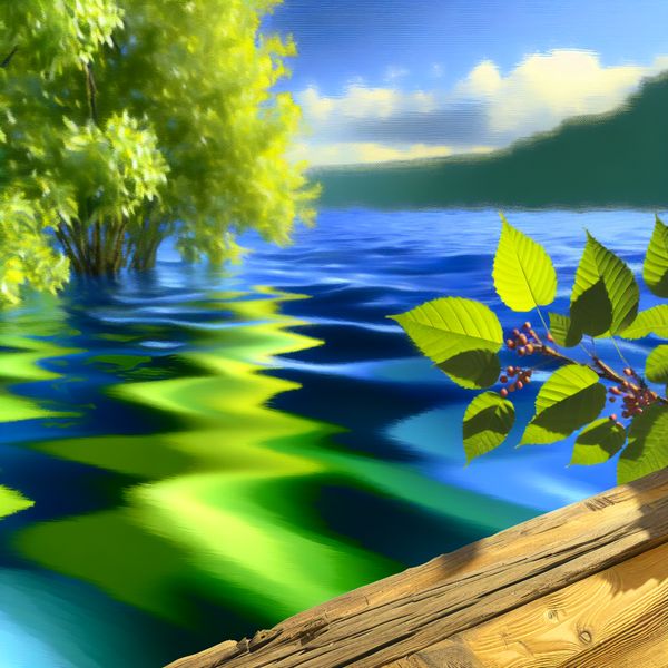 Groene bladeren op glinsterend meer Een collectie van groene bladeren drijft op een blauwe meer, omringd door dappled licht en een rustiek houten plank.