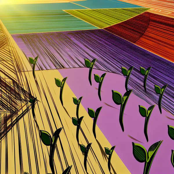 Groen Groeiend Landschap: Retro-Futuristische Tuin Groene scheuten van planten die uit de bodem komen in een retro-futuristische tuin