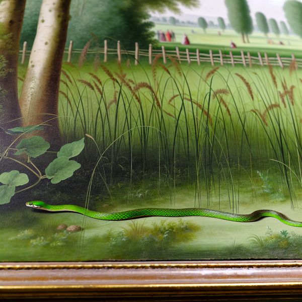 Een slangenafbeelding van een levendige groene slang die door weelderig gras glijdt in een rustgevende dierentuinomgeving