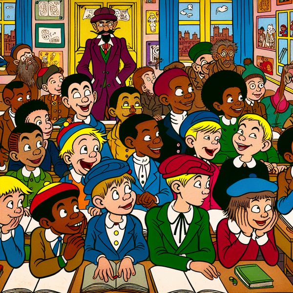 Leerlingen in een kleurrijke klas Een kleurrijke cartoon van een enthousiaste groep schoolleerlingen die samenles volgen in een vrolijk versierde klaslokaal.