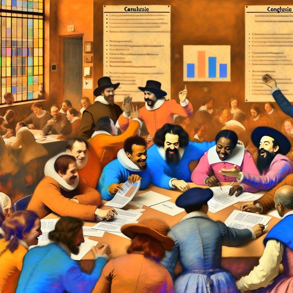Groep mensen bij het bespreken van een conclusie Groep diverse mensen rond een grote tafel, slingerend discussiërend over een document met de titel 'Conclusie' en blijde gezichten.