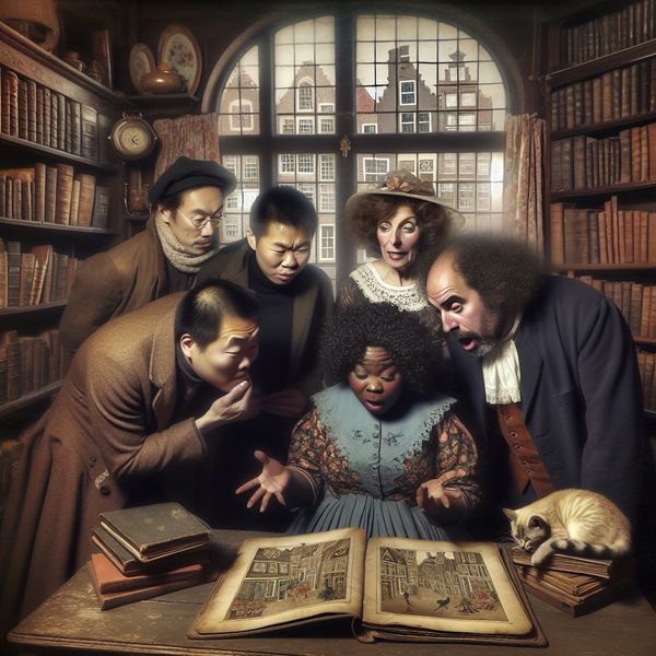 Groep Mensen Leest Verwarden Boek in Een Vintage Bibliotheek Een groep mensen probeert een ingewikkeld geïllustreerd boek te begrijpen, omringd door een gezellige bibliotheek.