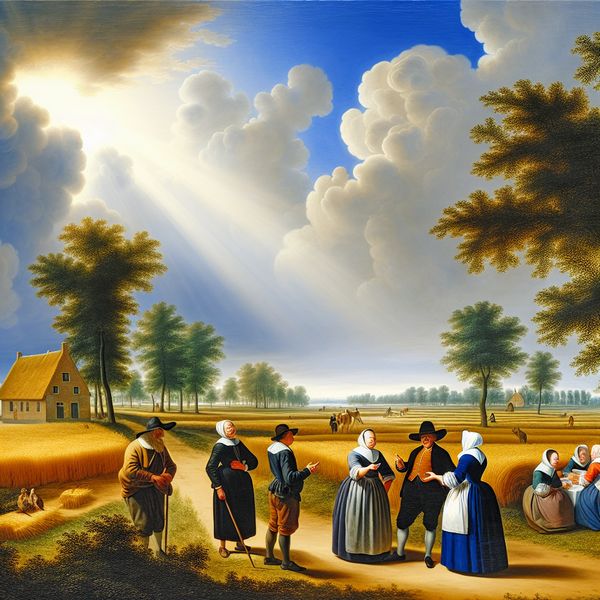 Nederlands leren in het prachtige landschap Een groep diverse mensen praat met elkaar in een rustige en majestueuze Nederlandse landschap, geïnspireerd door Jacob van Ruisdael.