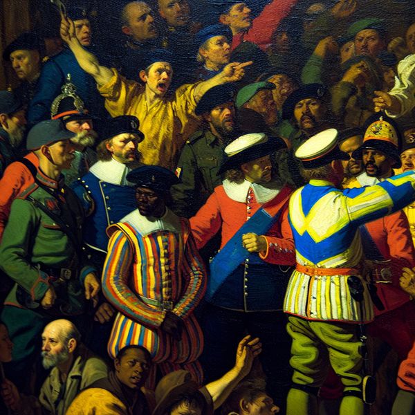 Samenwerking tussen politie en leger: dynamische groep in actie tijdens demonstratie Levendige groep politieagenten en soldaten die samenwerken tijdens een demonstratie, geschilderd in de stijl van Frans Hals