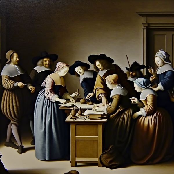 Samenwerken in historische setting: Nederlandse studenten in 17e-eeuws interieur 17e-eeuwse Nederlandse studenten werken samen aan een project in een elegant interieur met boeken en schrijfgerei