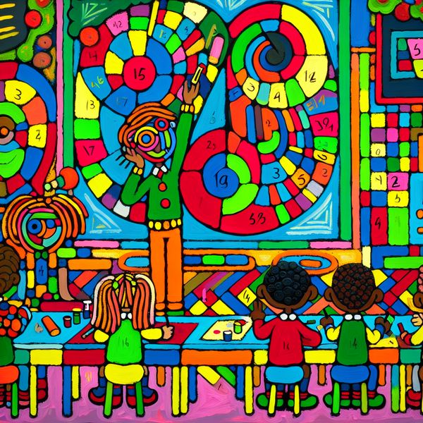 Abstracte klaslokaalscène in stijl van Karel Appel met levendige kinderen van groep tien die breuken leren met kleurrijke diagrammen en spelende bewegingen