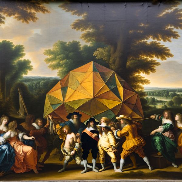 Groep van zes personen: teamwork en eenheid in barokstijl Barokke scène met zes dynamische figuren rond een hexagonale tent, symboliserend teamwerk en eenheid in een buitenomgeving