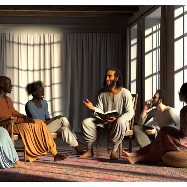 Groep vrienden in gesprek over film binnen een serene setting Een groep vrienden discussieert levendig over een film in een serene, lichtdoorlatende kamer, met een persoon die een filmposter vasthoudt.