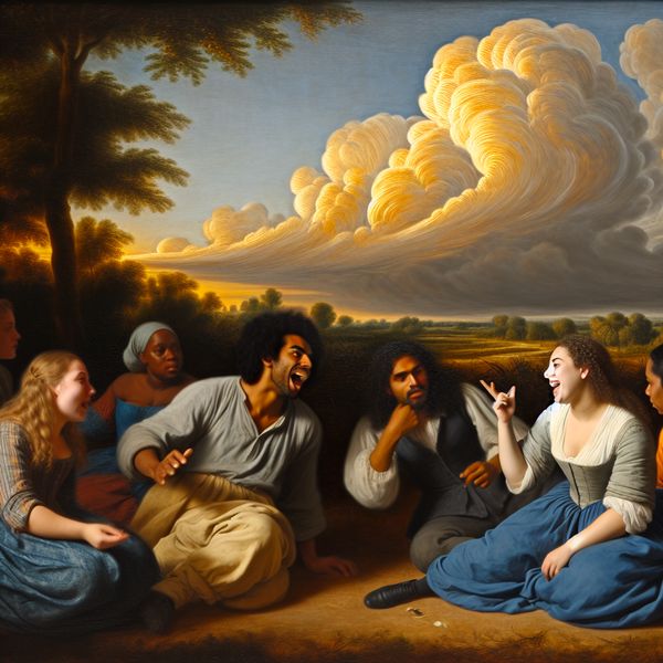 Vrolijke vrienden delen feestplannen in een informele omgeving Een groep vrienden die vrolijk hun plannen voor een feest aankondigen, met een groene achtergrond en dramatische wolken.