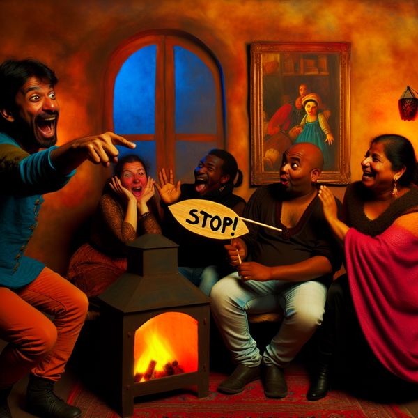 Een speelse groepsfoto van vrienden met een humoristisch bevel Een sfeervolle afbeelding van een groep vrienden in een gezellig interieur, met iemand die speels naar een ondertekent bordje 'Stop!' wijst terwijl de anderen lachen.