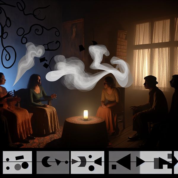 Vrienden in intense conversatie met symboliek van drukverlichting Een groep vrienden die een intense conversatie hebben in een sfeervol verlichte kamer, omringd door abstracte vormen die stress symboliseren.