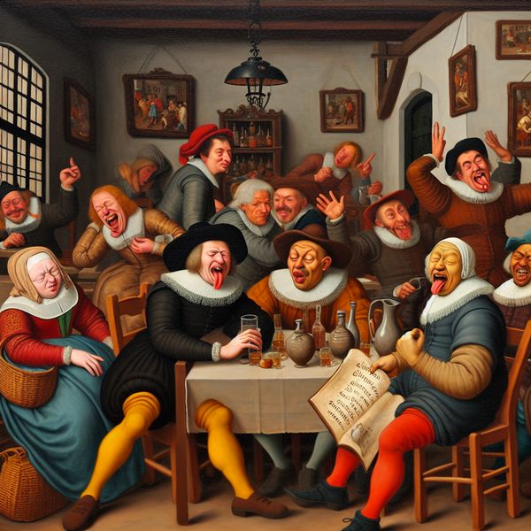 Humoristische scène in een Nederlandse herberg met vrienden Een groep vrienden in een gezellige Nederlandse herberg, waarbij één persoon ontevreden kijkt naar een slecht geschreven boek.