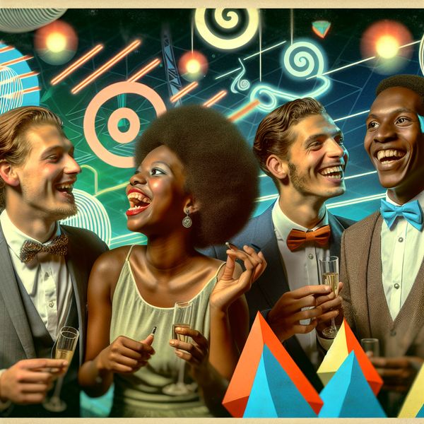 Feestelijke interactie tussen vrienden in retro-futuristische stijl Een groep vrienden geniet van een feest met kleurrijke versieringen en geometrische vormen op de achtergrond.