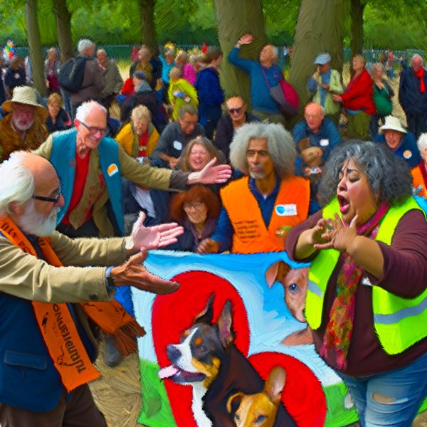 Groep vrijwilligers op dierenrechtenprotest Een levendige groep vrijwilligers verzameld op een dierenrechtenprotest, met diverse individuen en een banner.