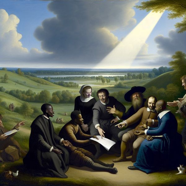 Eengroep mensen in natuurlandschap praat over voorstellen Groep mensen in een schilderachtig landschap, verdiept in discussie over een voorstel