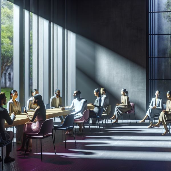 Groep mensen in een moderne conferentiezaal, diep in gedachten tijdens een stilte in een gesprek.