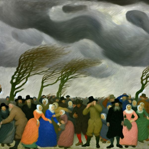 Groep mensen die zich terugtrekken in de schaduw tijdens een storm, met een donkere, turbulente lucht en wapperende bomen op de achtergrond.