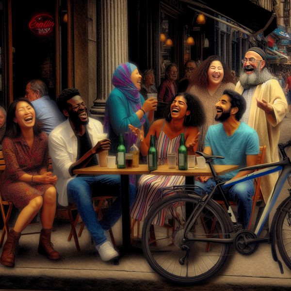 Vrolijke vrienden bij een café op een drukke stadsstraat Groep vrienden verzameld bij een café in een drukke stadsstraat, met een fiets in de voorgrond.