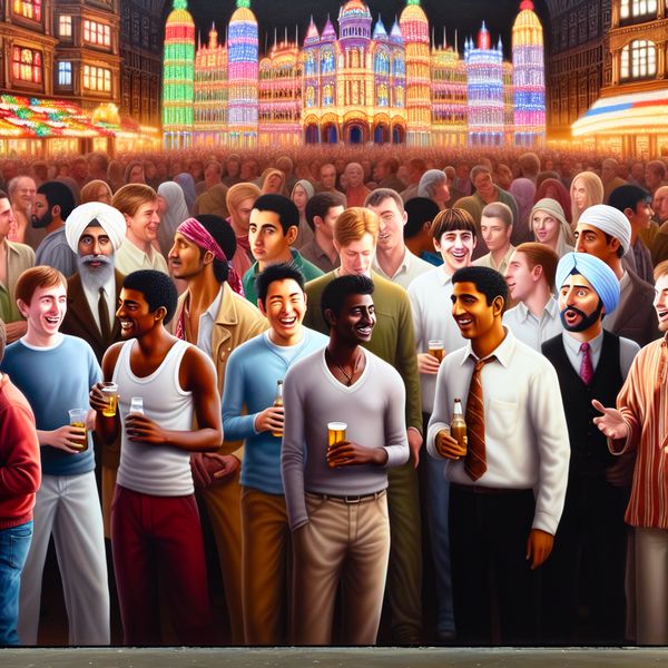 Jonge mannen arriverend op een levendig feest in een stedelijke omgeving met kleurrijke decoraties en surrealistische architectuur.