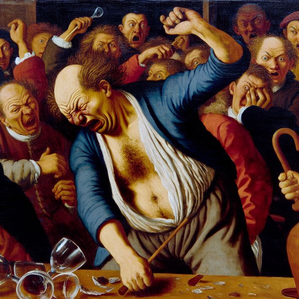 Grof persoon schilderij: chaotisch feestgedrag in barokstijl Schilderij in de stijl van Frans Hals van een grove man die glazen breekt tijdens een chaotisch feest, met geschokte omstanders